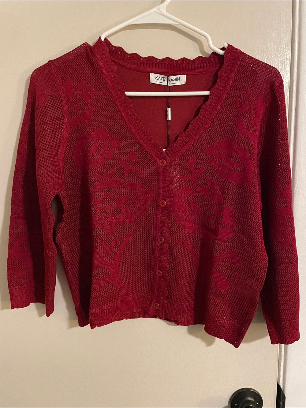 Kate Kasin Red Floral V-Neck Button Cardigan